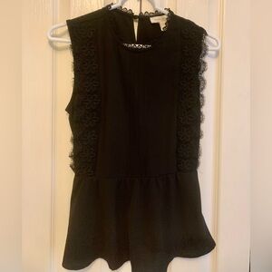 Monteau Black Sleeveless Lace Trim Top Tailored Peplum Cute Work Party Blouse